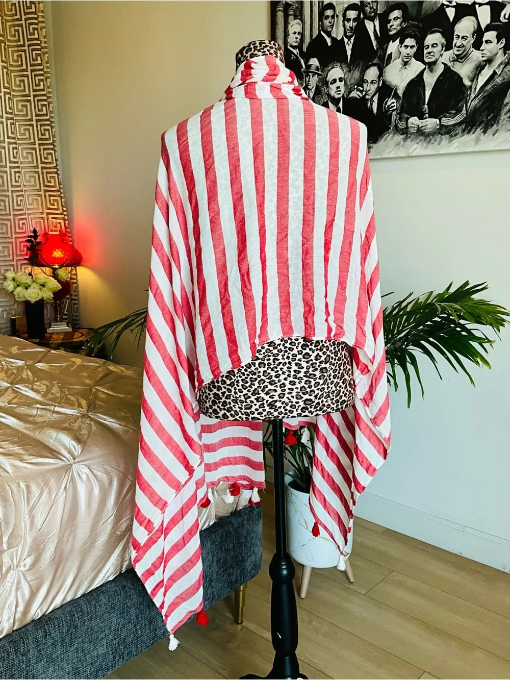 Faded Glory Red and White Striped Tassel Scarf